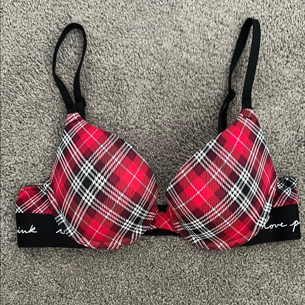 Victoria's Secret PINK Wear Everywhere Push Up Bra Women's Red Plaid